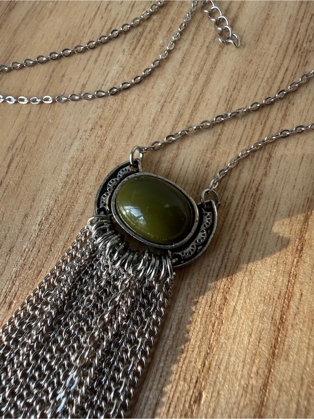 Western Olive Green Stone Fringe Necklace Silver Chain Tassel Boho